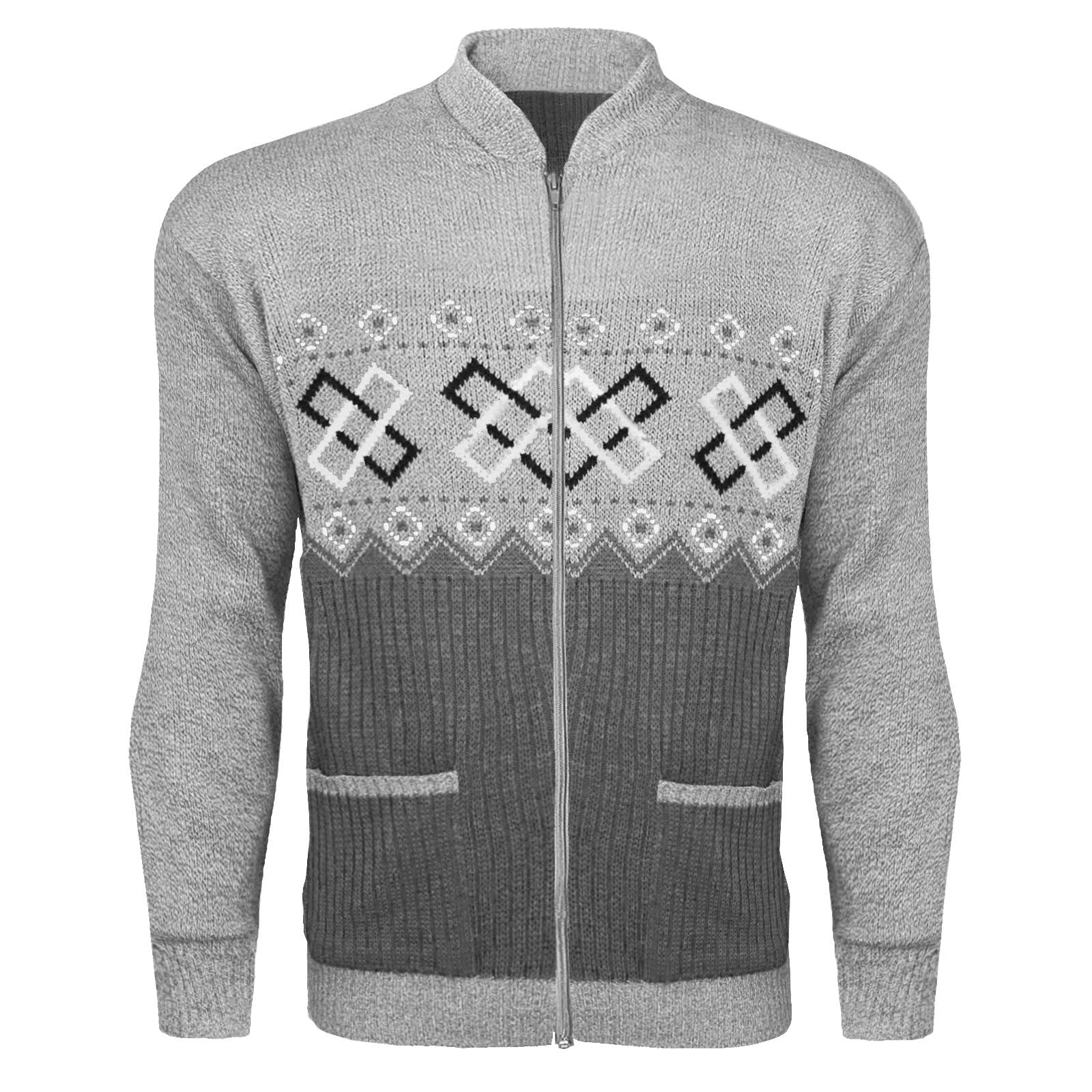 Mens Aztec Knitted Cardigan In Grey