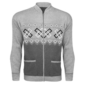 Mens Aztec Knitted Cardigan In Grey