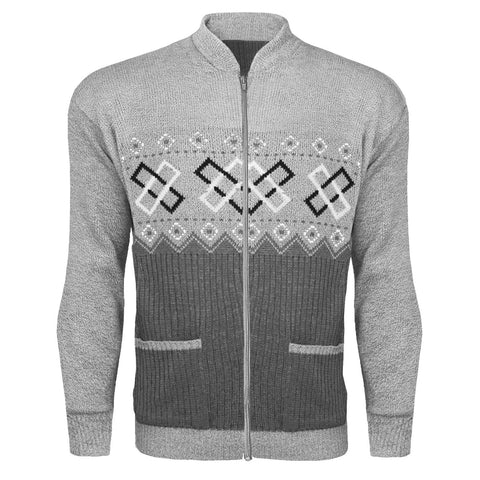 Mens Aztec Knitted Cardigan In Grey