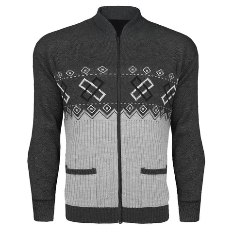 Mens Aztec Knitted Cardigan In Charcoal