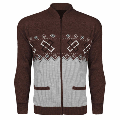 Mens Aztec Knitted Cardigan In Maroon