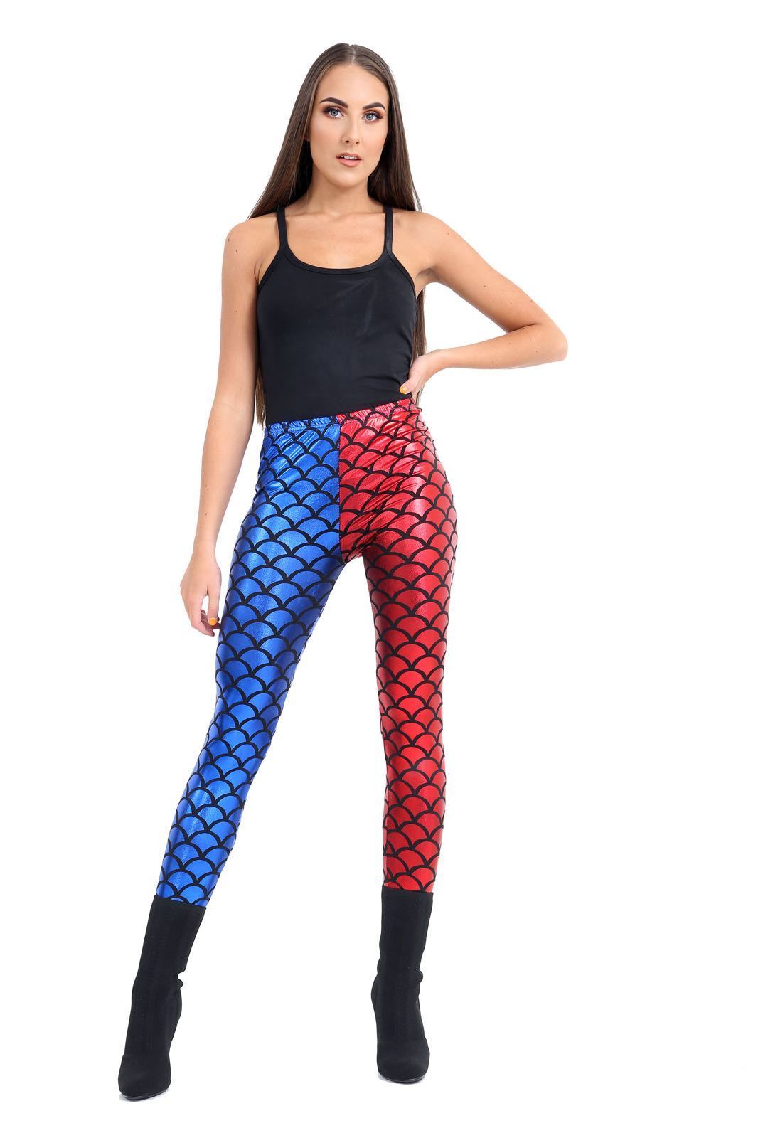 Womens Mermaid Metallic Leggings In Red / Blue