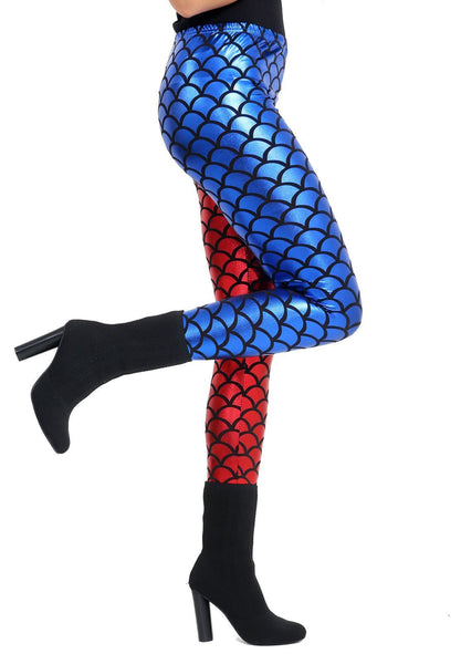 Womens Mermaid Metallic Leggings In Red / Blue