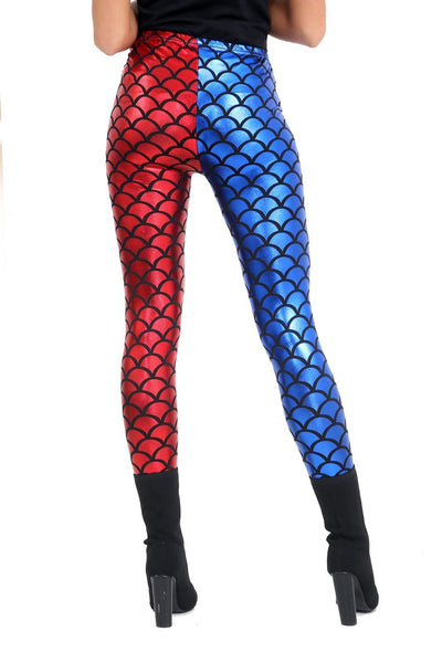 Womens Mermaid Metallic Leggings In Red / Blue