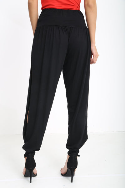 Womens Side Slit Harem Trousers In Black