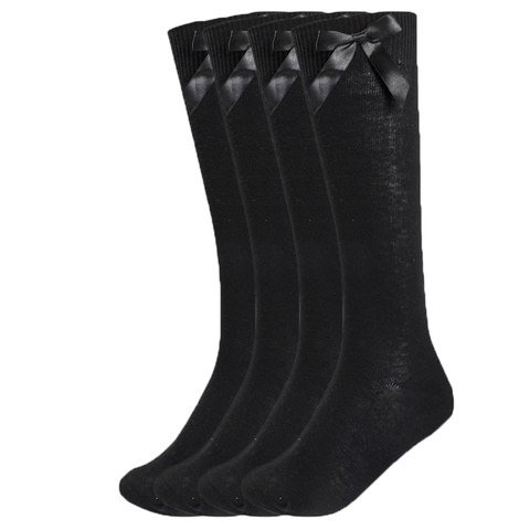 12 Pairs Girls Knee High Bow Socks In Black