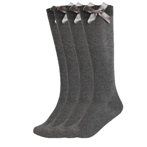 12 Pairs Girls Knee High Bow Socks In Grey