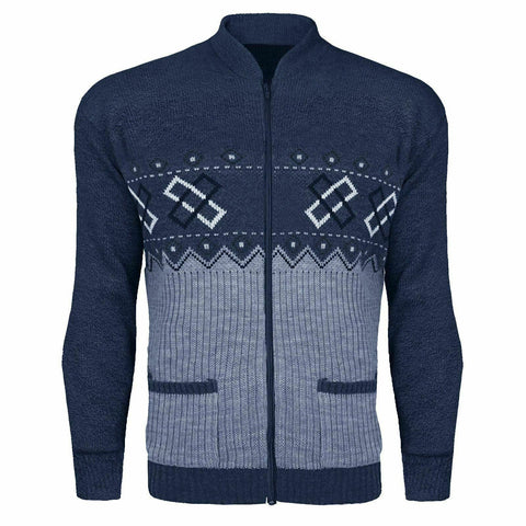 Mens Aztec Knitted Cardigan In Navy