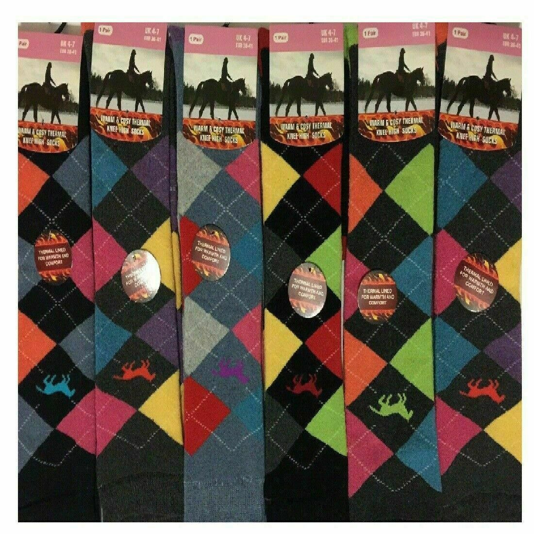 12 Pairs Womens Knee High Thermal Argyle Riding Socks