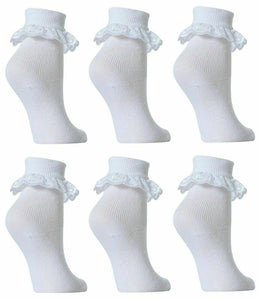 12 Pairs Girls Lace Frill Ankle Socks In White