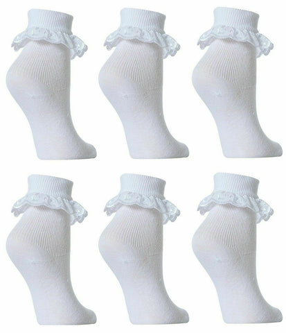 12 Pairs Girls Lace Frill Ankle Socks In White