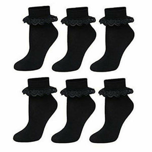 12 Pairs Girls Lace Frill Ankle Socks In Black