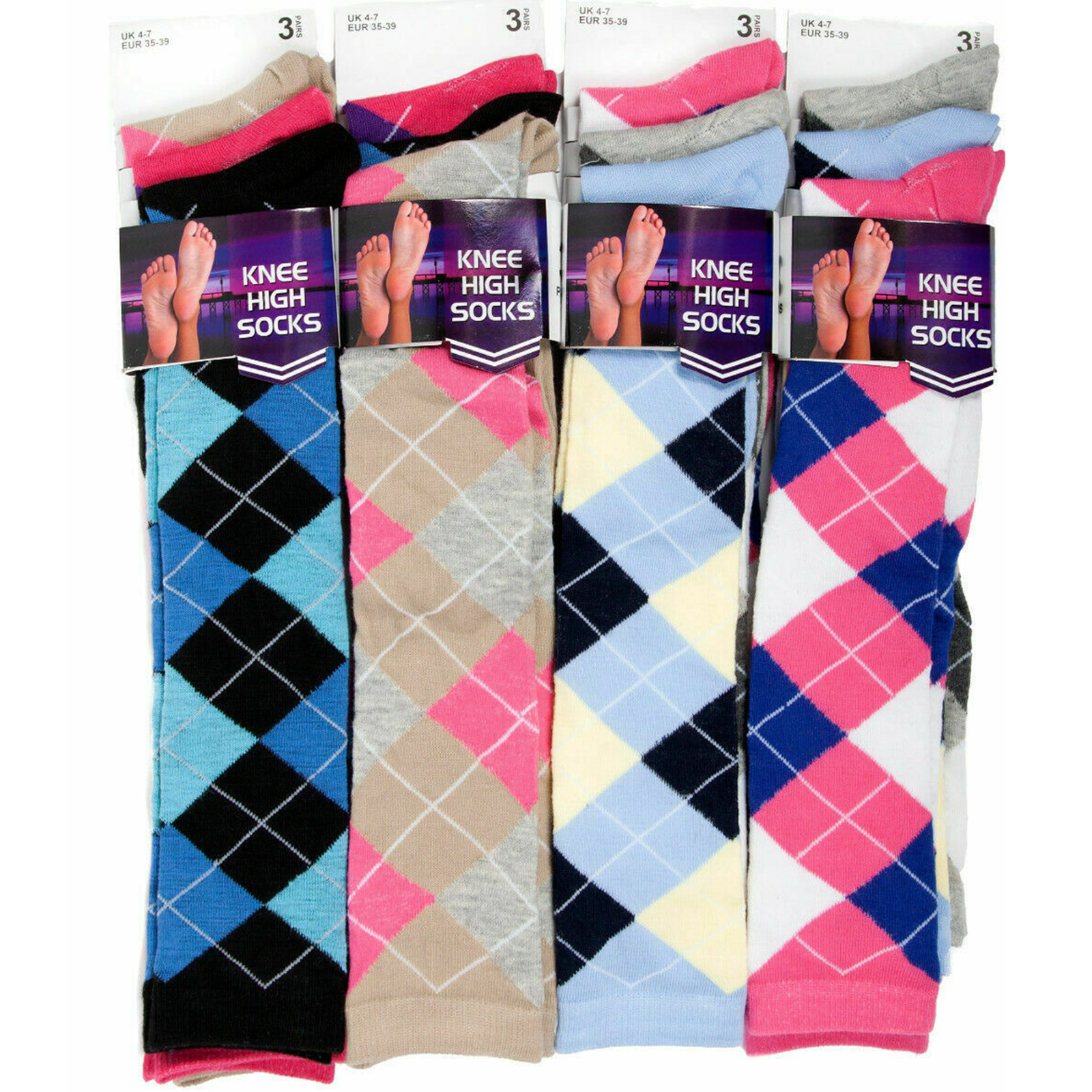 12 Pairs Womens Knee High Argyle Design Socks